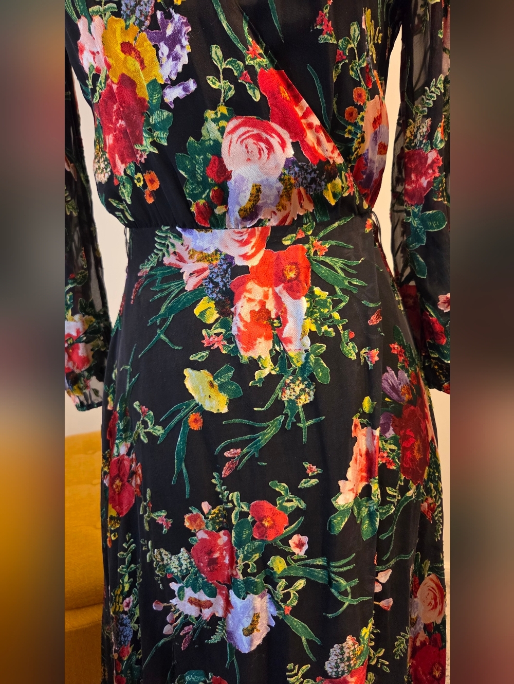 Alice + Olivia Black Floral Wrap Midi Dress with Red & Green Accents, Size 4. - Picture 4 of 16
